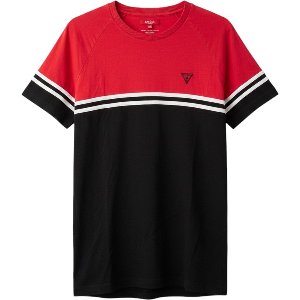 Guess Los Angeles Mens Colorblock T-Shirt Red Black White Stripe Y2K Style Tee L